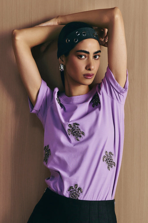 Purple Lilac Turtle Embellished T-Shirt
