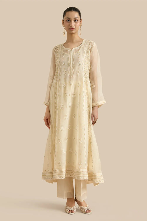 Organza Silk Kalidar Set Crafted With Chikankari Threadwork And Kutdana Embroidery