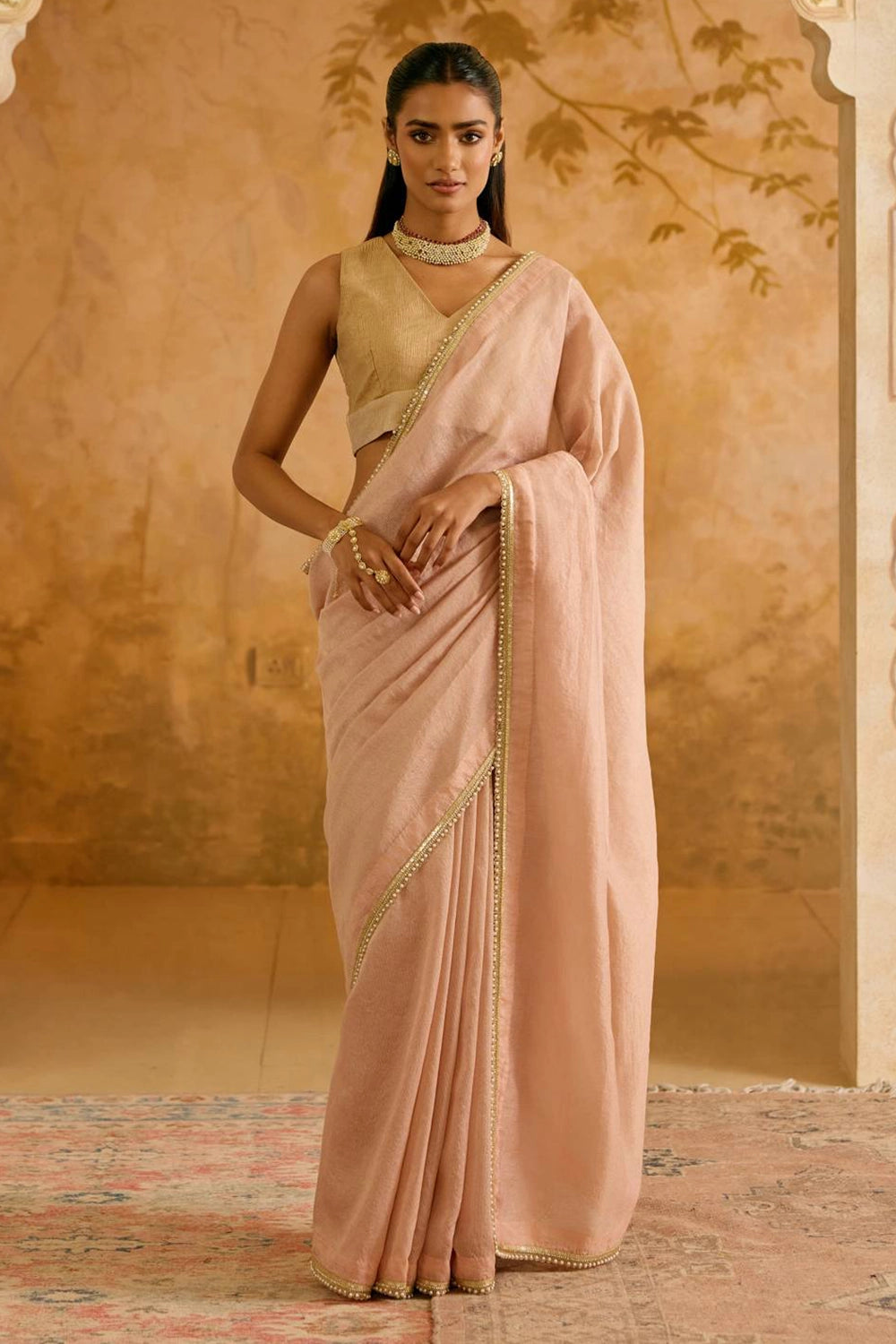 Peach Pearl Chanderi Stripe Saree