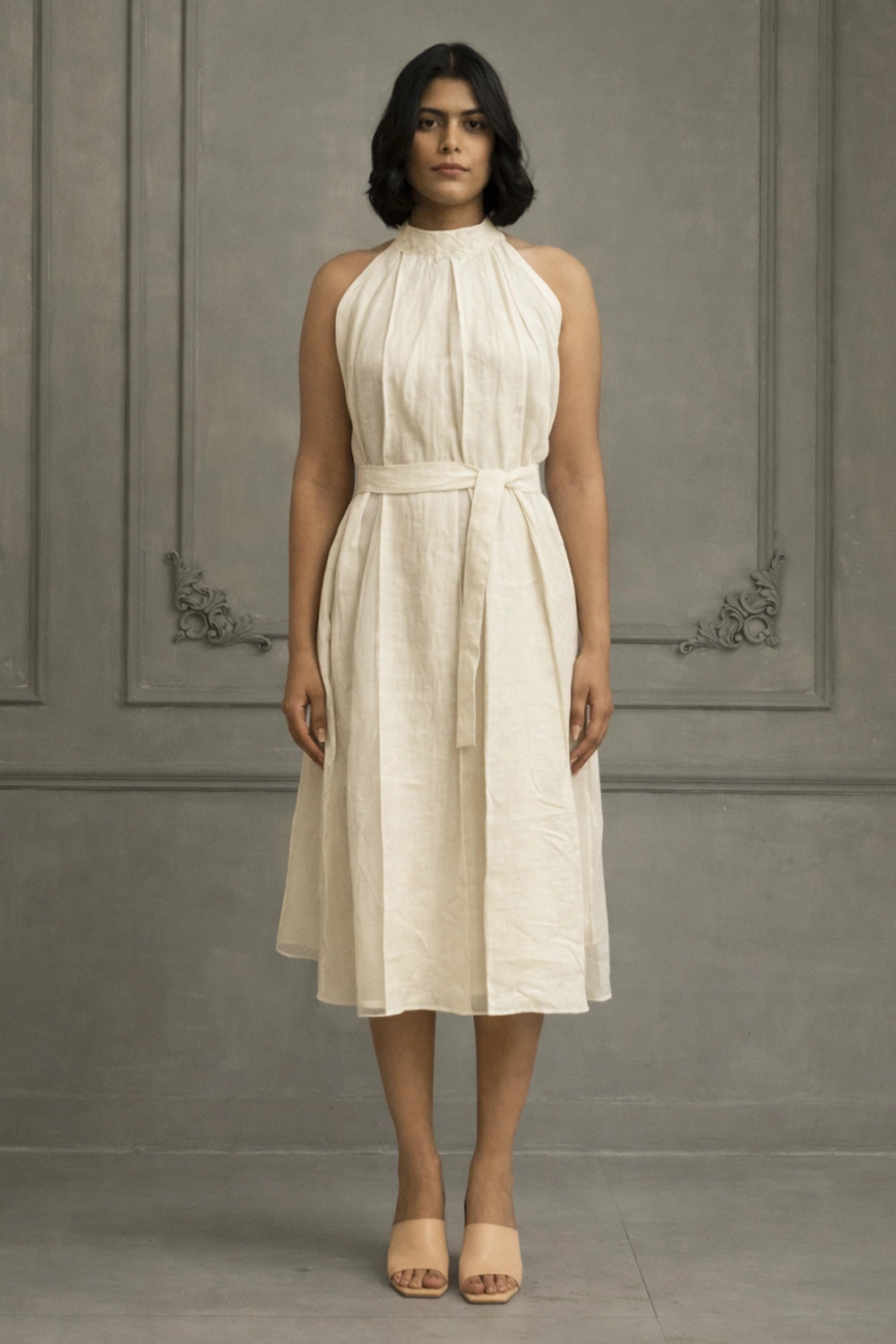 Ivory Embroidered Organza Jacket with Linen Dress XL