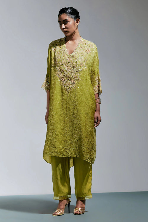 Henna Floral Threadwork Silk Kaftan Set
