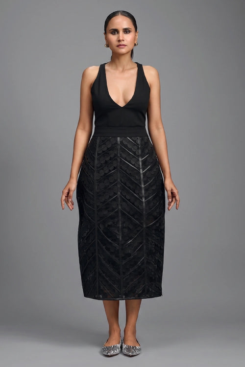 Sheer Black Midi Skirt with Geometric Paneling