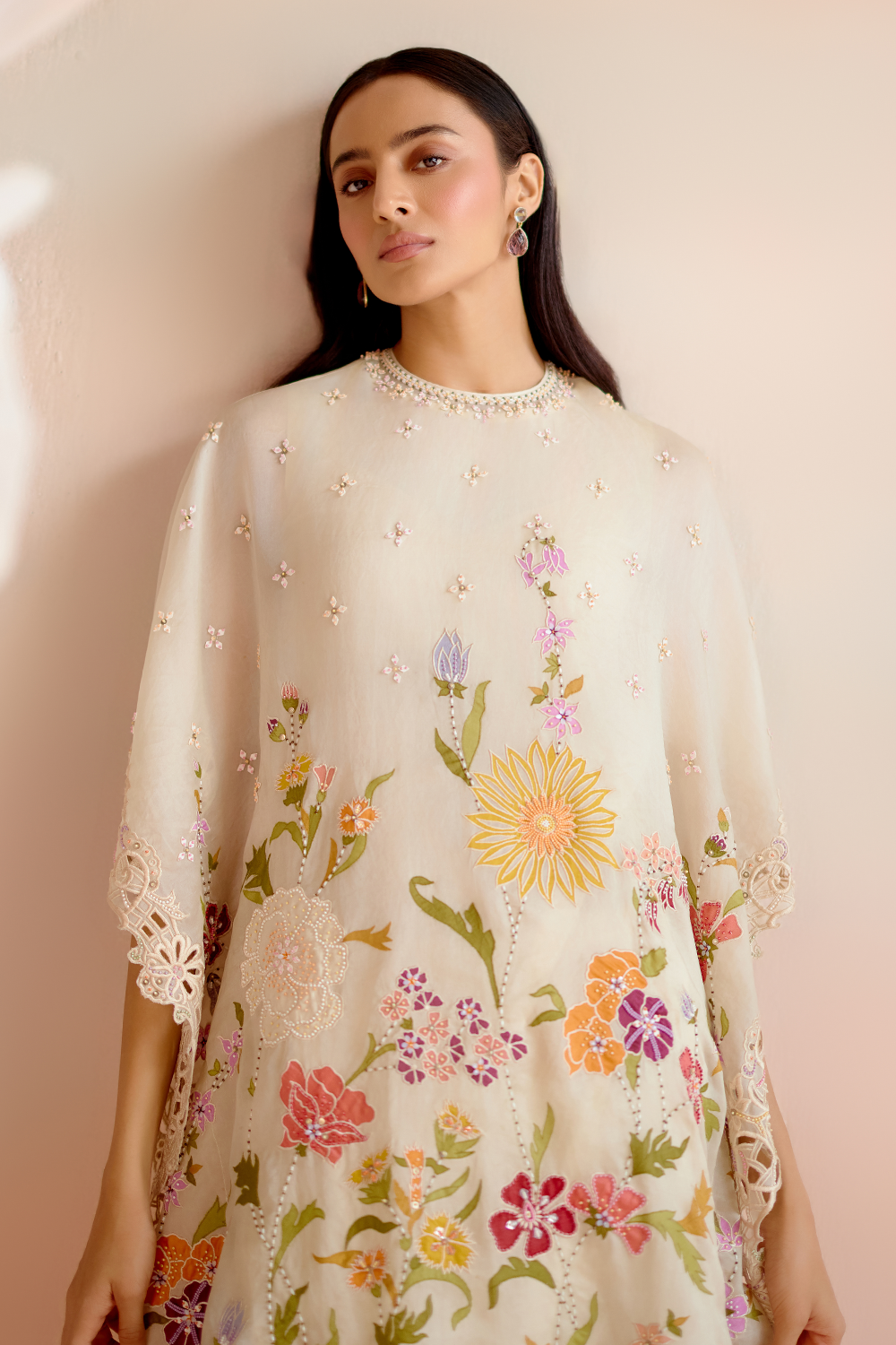 Ivory Floral Applique and Beadwork Kaftan