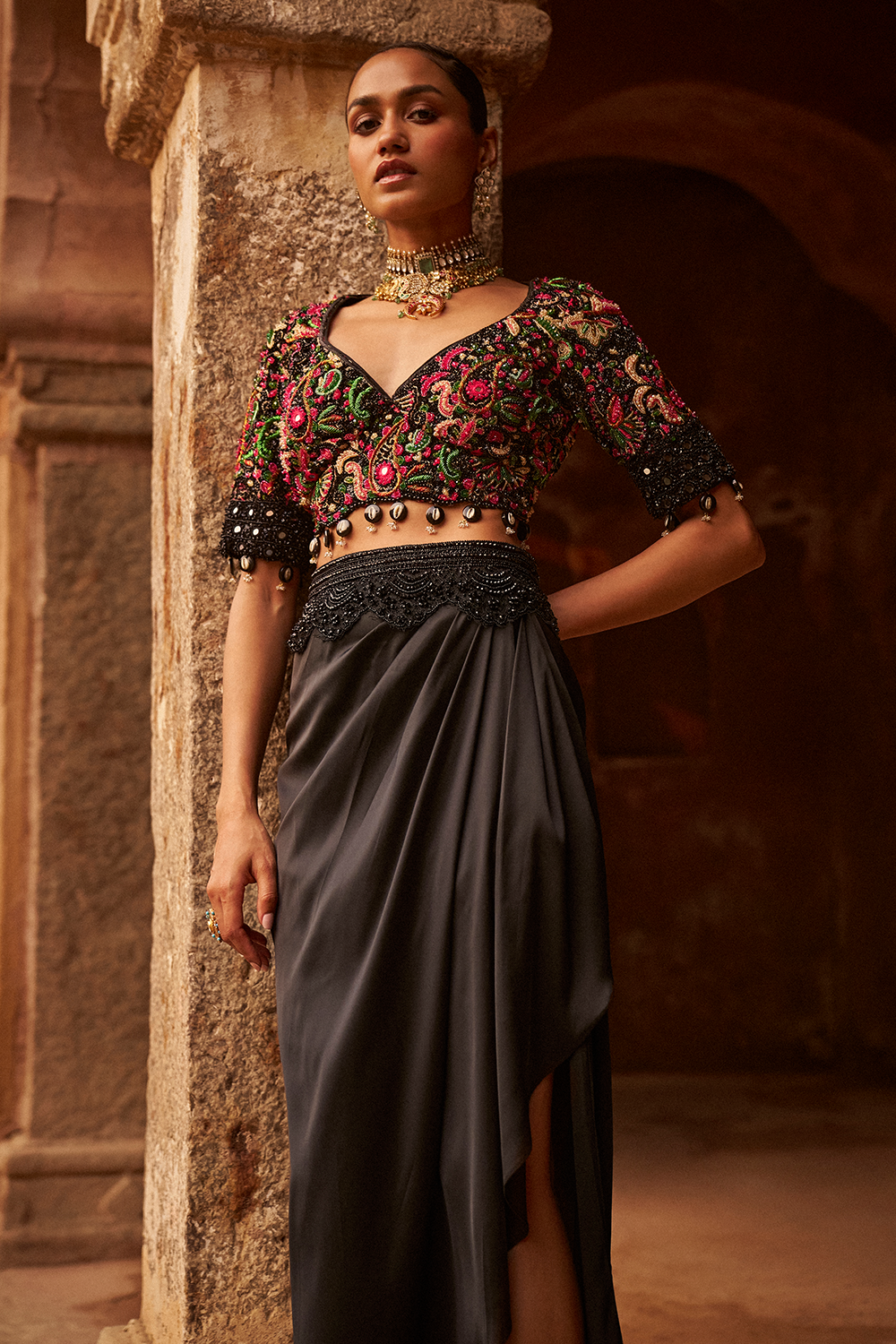 Dusk Drape Skirt With Multicolored Embroidered Blouse & Dupatta Set