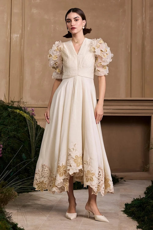 Ivory & Gold Pleated Flounce Dress