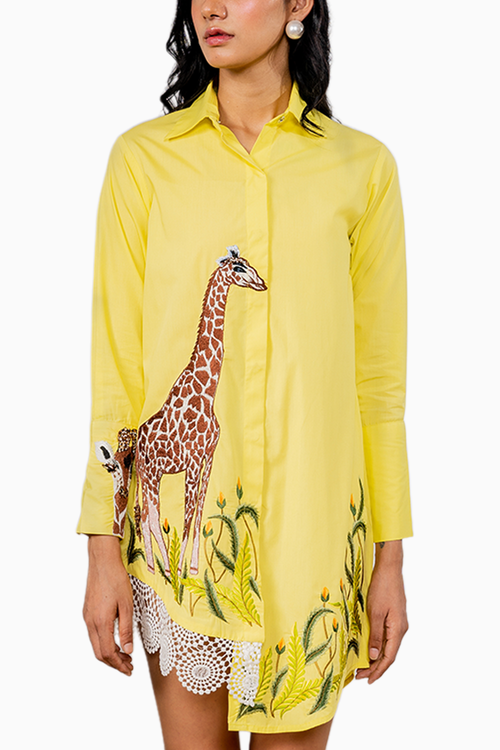 Yellow Giraffe Embroidered Shirt Dress