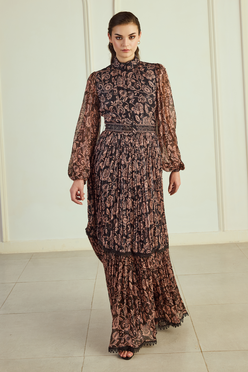 Dual Tone Bagru Print Long Dress with Buckle Belt