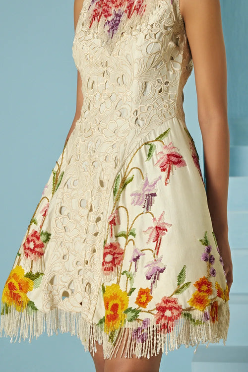 Ivory Cutwork And Beadwork Fringe Panelled Dress