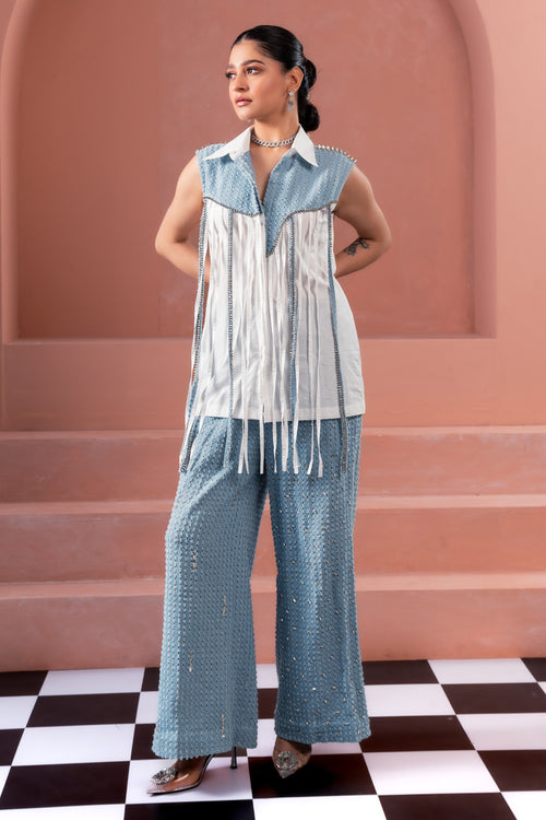 Denim Stud Tassel Shirt  With Light Denim Lazercut Crystal Pants