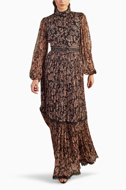 Dual Tone Bagru Print Long Dress with Buckle Belt