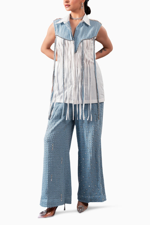 Denim Stud Tassel Shirt  With Light Denim Lazercut Crystal Pants