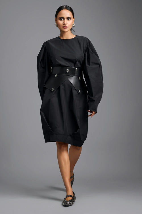 Sculptural Black Belted Dress