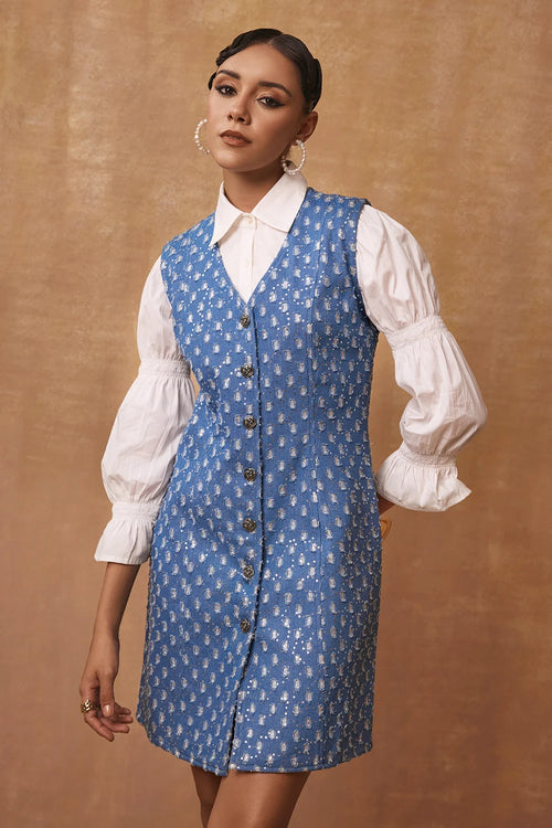Mettalic Denim Waistcoat Dress