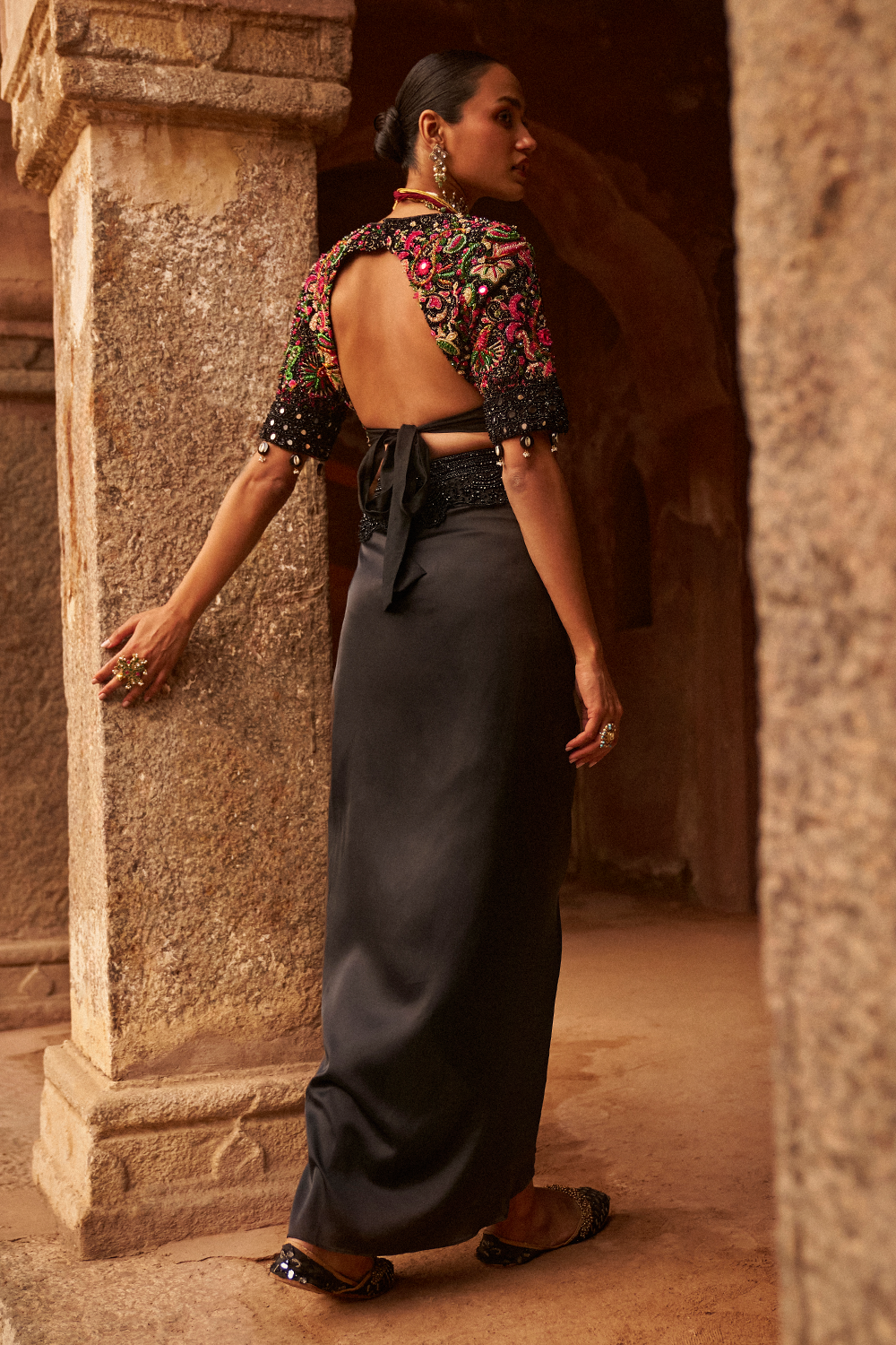 Dusk Drape Skirt With Multicolored Embroidered Blouse & Dupatta Set