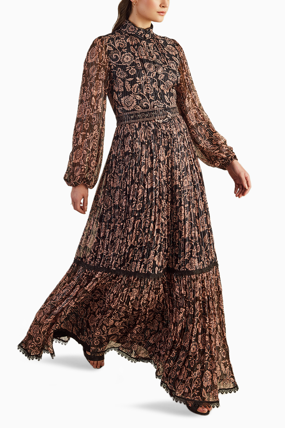 Dual Tone Bagru Print Long Dress with Buckle Belt