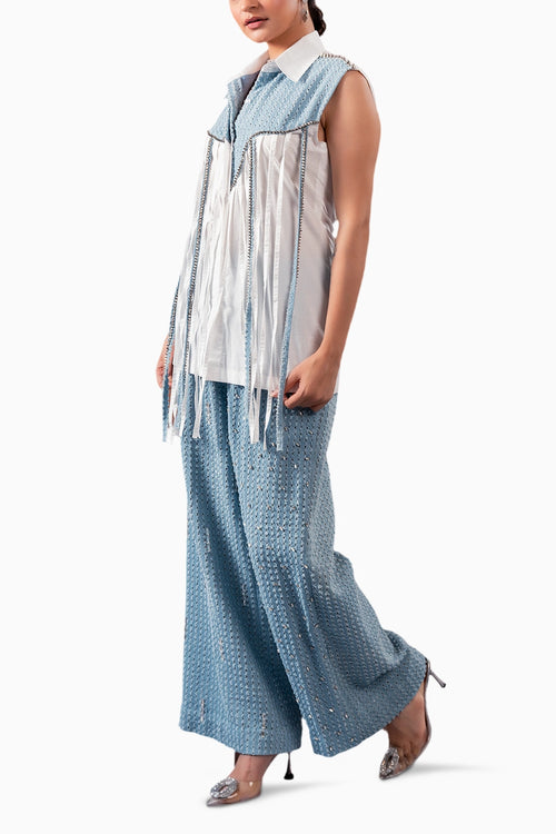 Denim Stud Tassel Shirt  With Light Denim Lazercut Crystal Pants