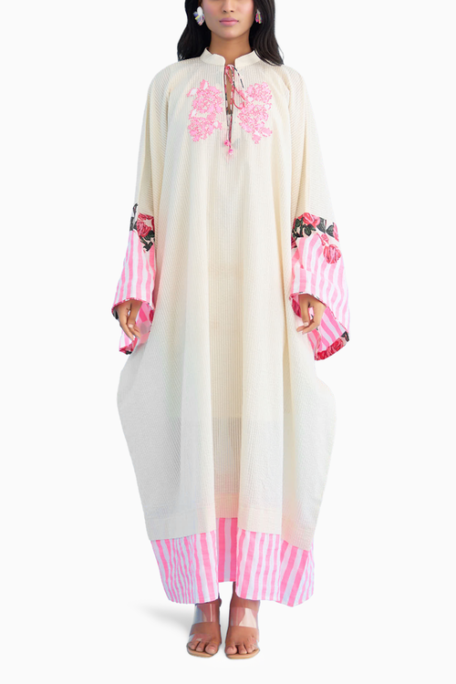 Cream Crouching Applique Kaftan Dress