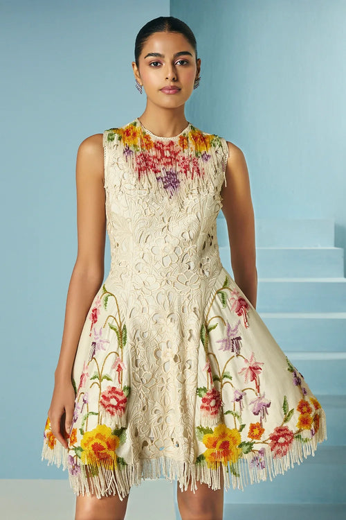 Ivory Cutwork And Beadwork Fringe Panelled Dress