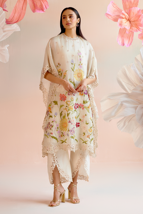 Ivory Floral Applique and Beadwork Kaftan Set