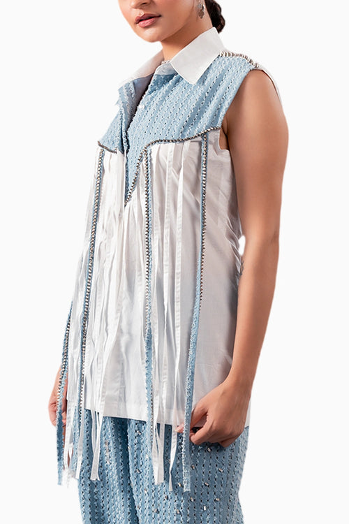 Light Blue Denim Stud Tassel Shirt