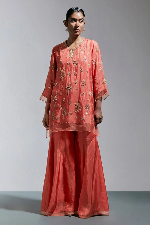 Vermilion Abstract Floral Embroidered Silk Sharara Set