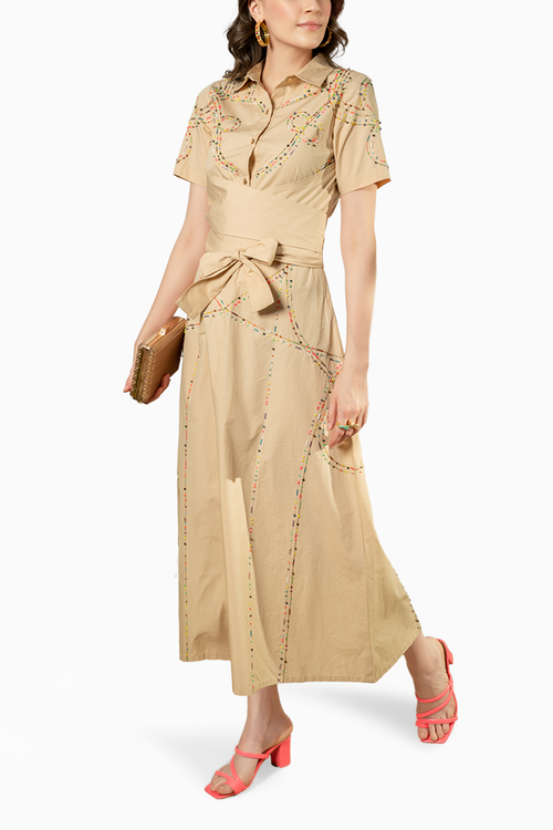 Beige Cotton Poplin Long Dress With Hand Work