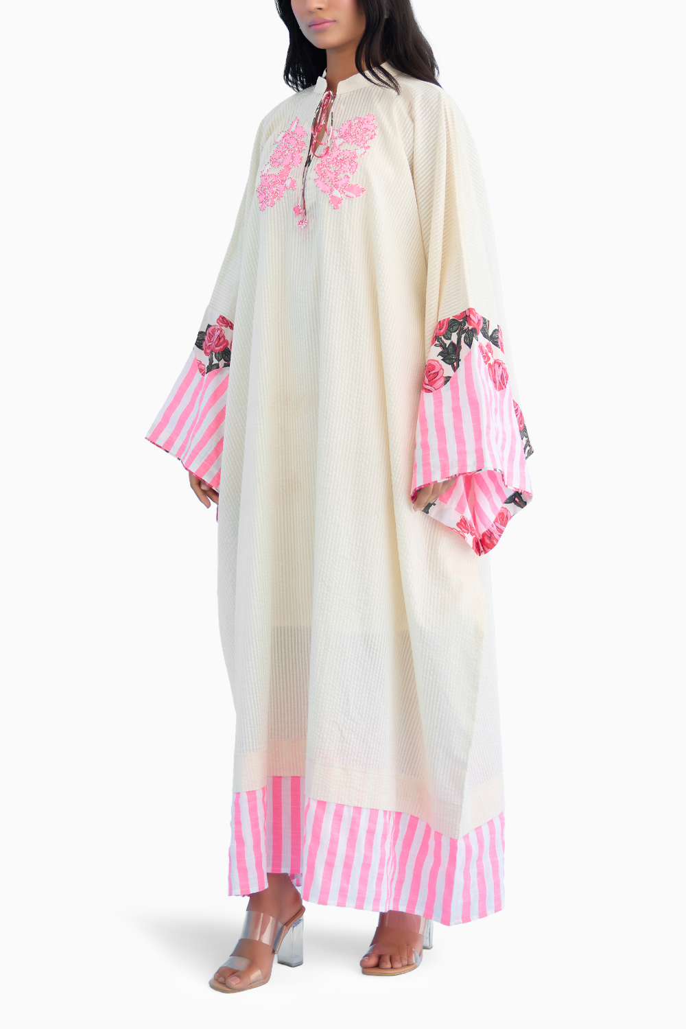 Cream Crouching Applique Kaftan Dress