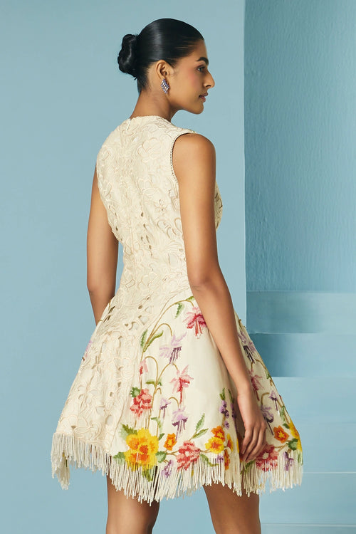 Ivory Cutwork And Beadwork Fringe Panelled Dress