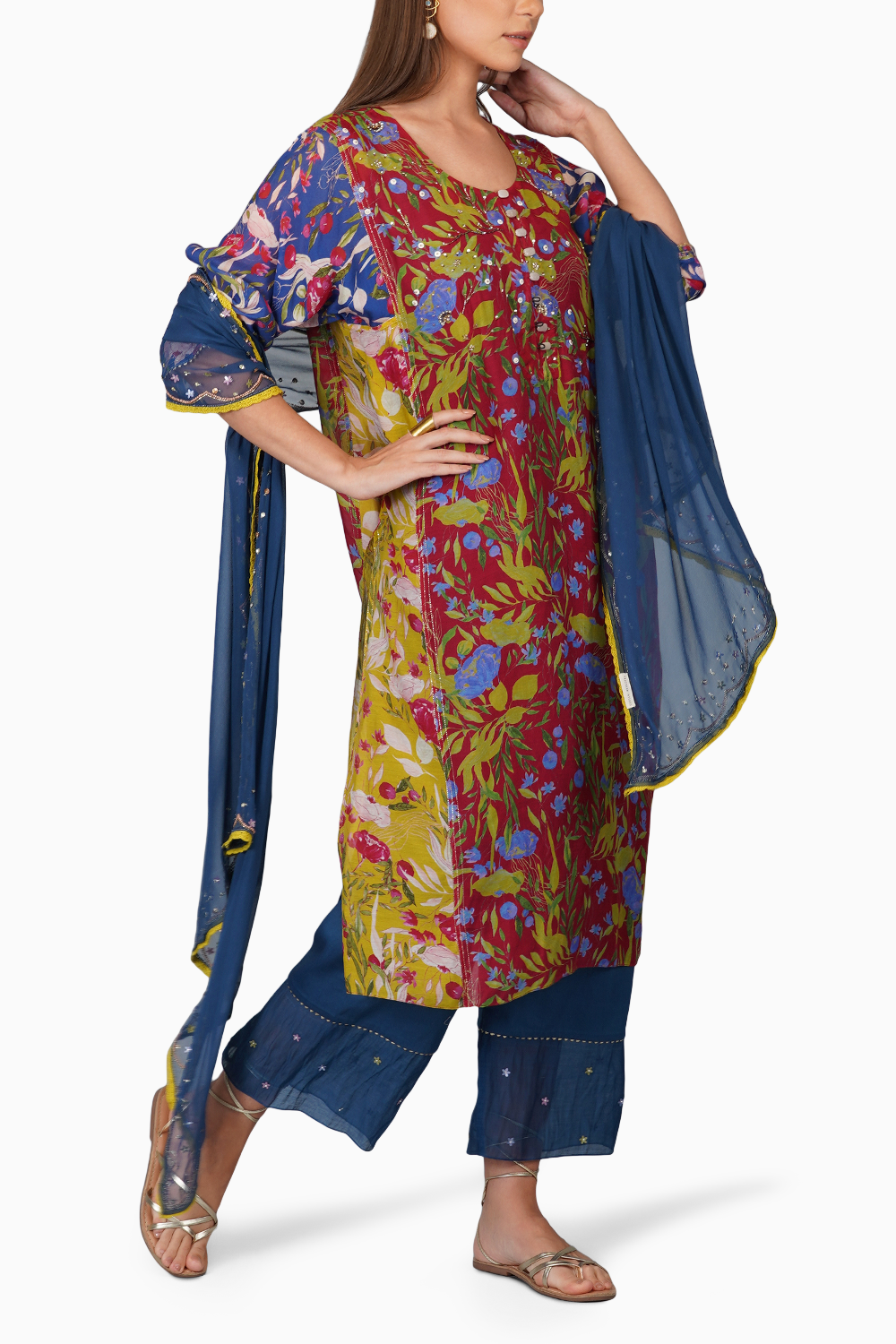 Flower Print Panelled Kurta Set