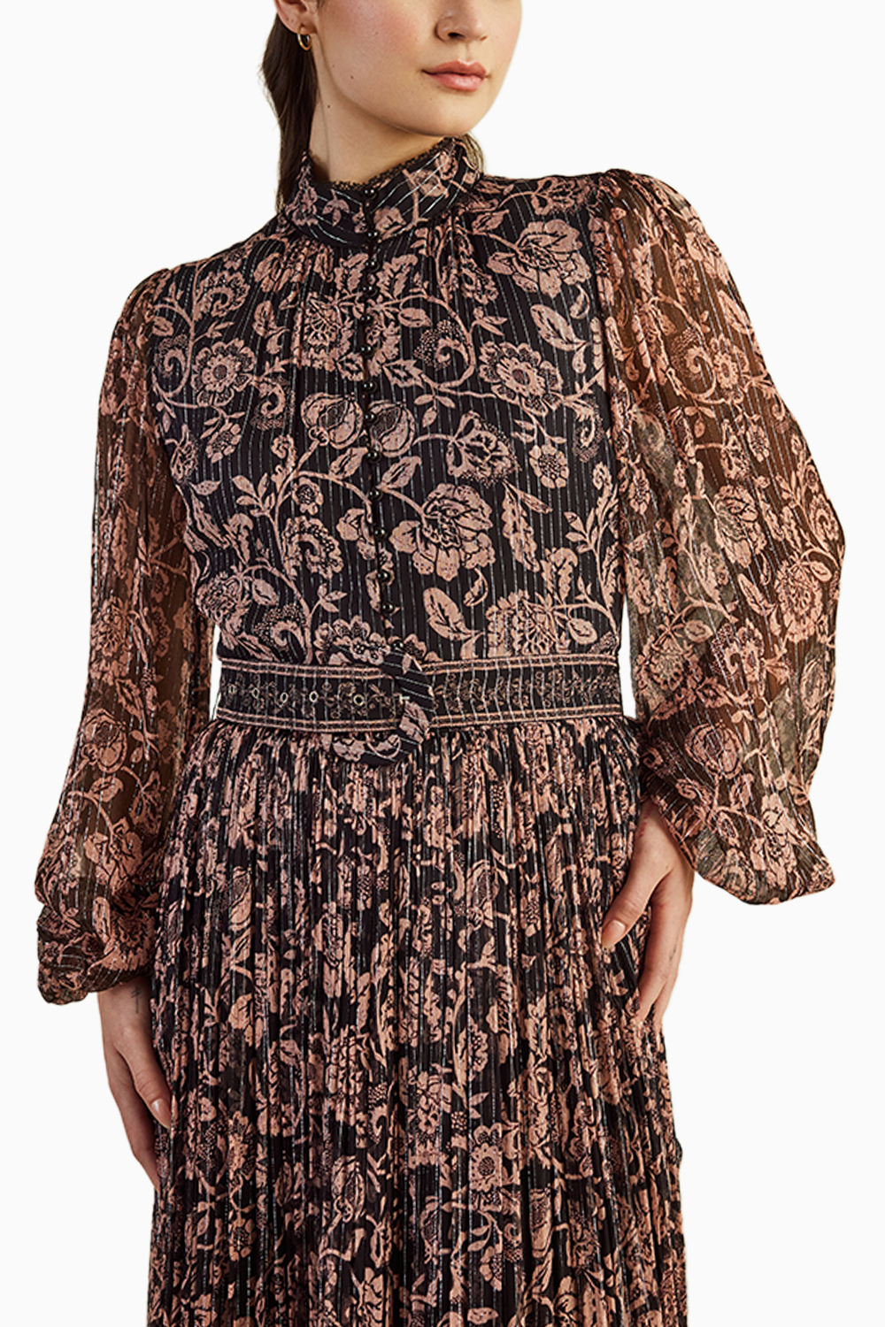 Dual Tone Bagru Print Long Dress with Buckle Belt