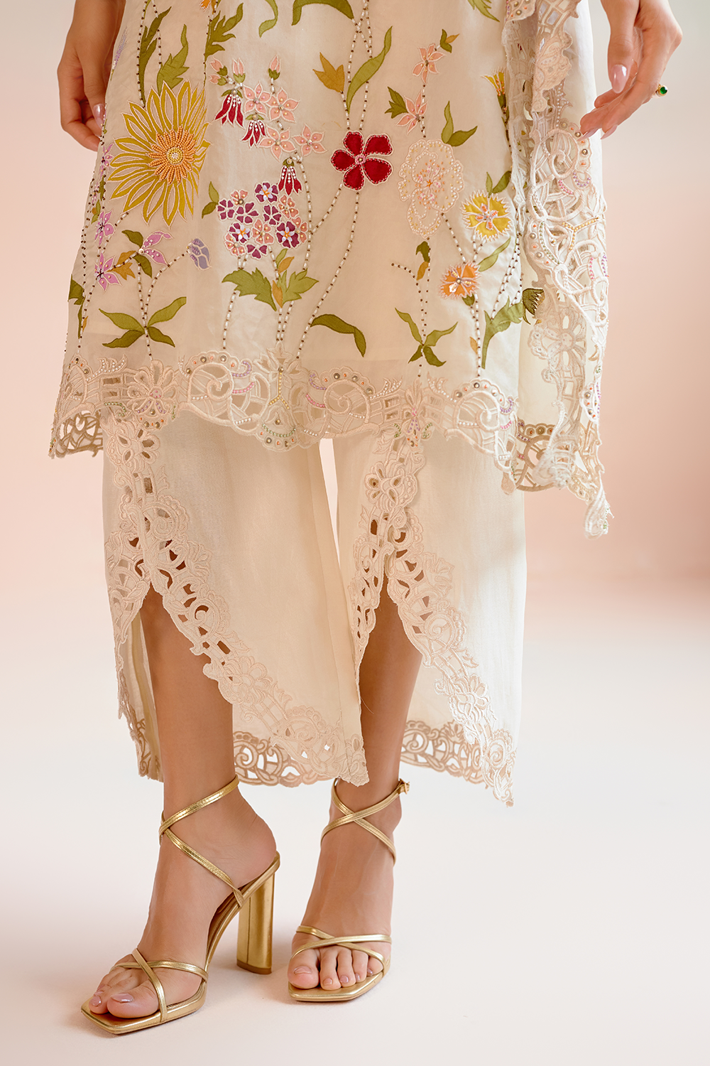 Ivory Floral Applique and Beadwork Kaftan Set