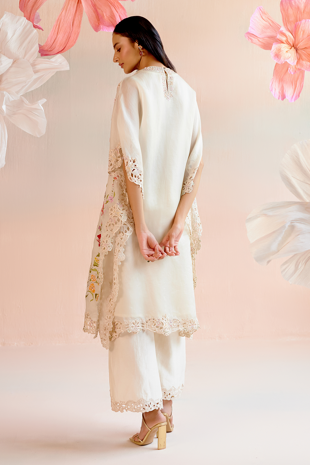 Ivory Floral Applique and Beadwork Kaftan