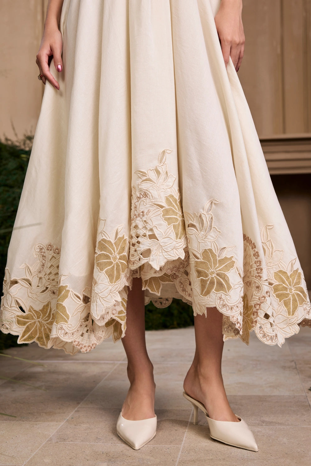 Ivory & Gold Pleated Flounce Dress