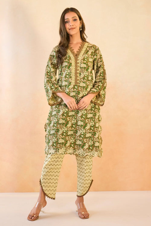 Olive Petal Scallop Cotton Kurta Set