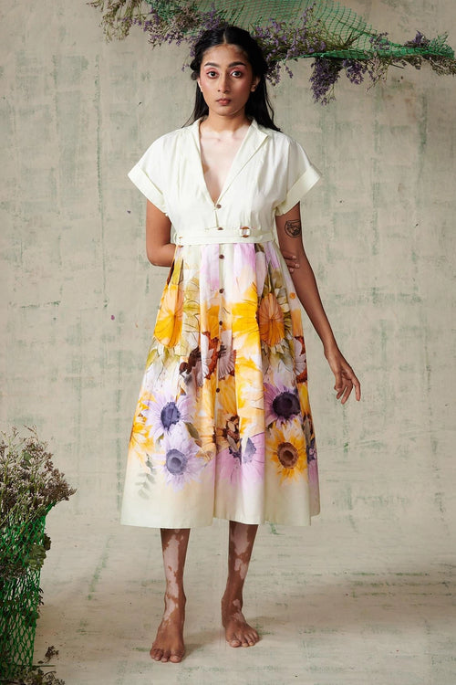 Sunflower Placement Folded Sleeve Dress With Belt