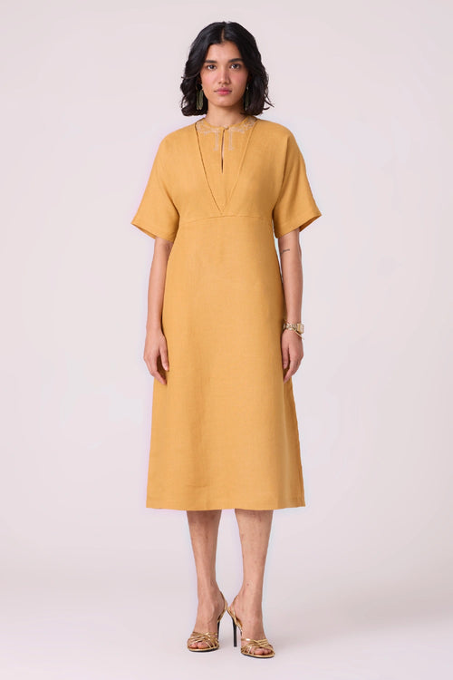 Yarina Yellow Linen Embroidered Dress