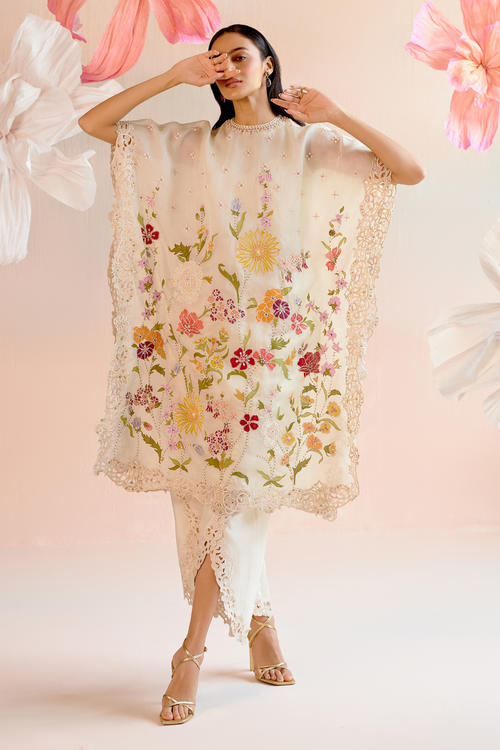 Ivory Floral Applique and Beadwork Kaftan