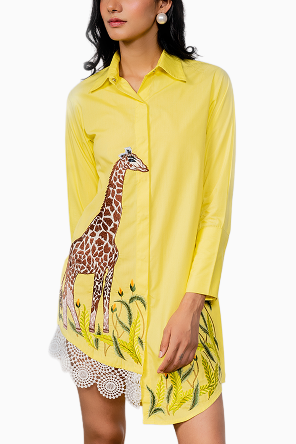 Yellow Giraffe Embroidered Shirt Dress