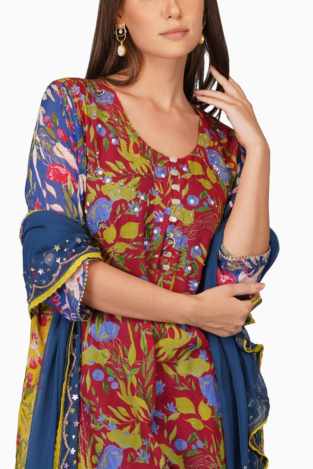 Flower Print Panelled Kurta Set