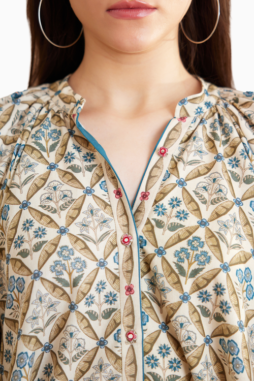Blue Bespoke Gathered Neck Shirt Dress-Top
