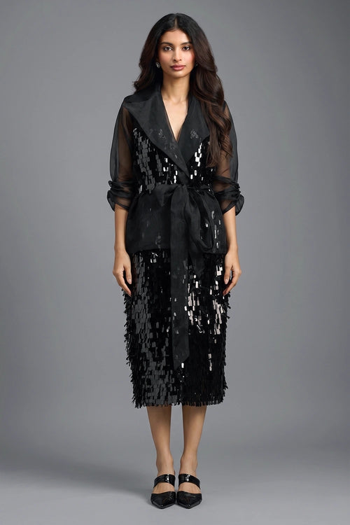 Black Organza Sleeve Sequin Wrap Top With Midi Skirt
