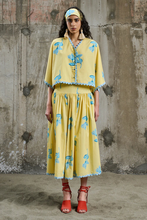 Sunlit Bloom Batwing Shirt With Midi Skirt