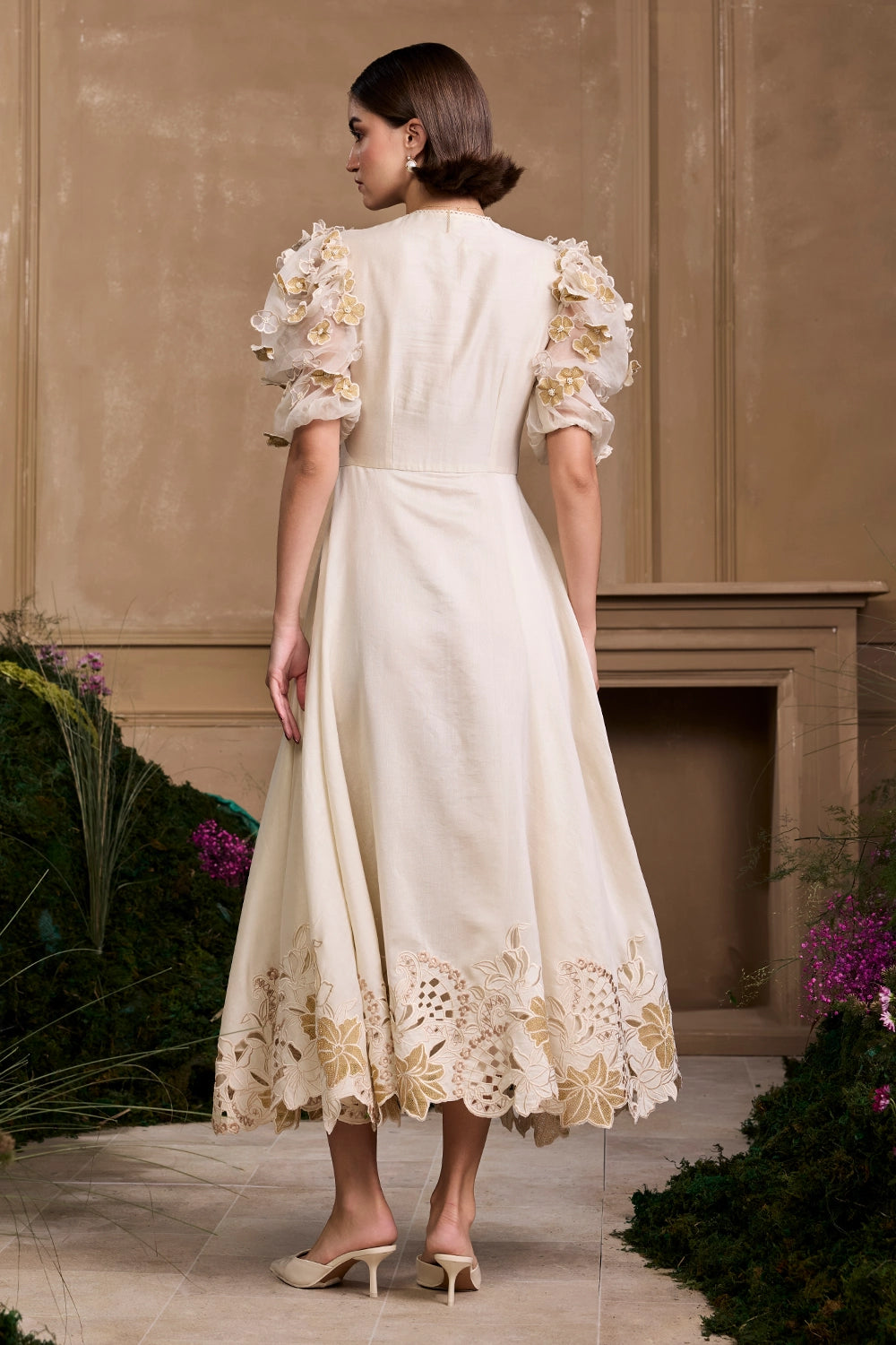 Ivory & Gold Pleated Flounce Dress