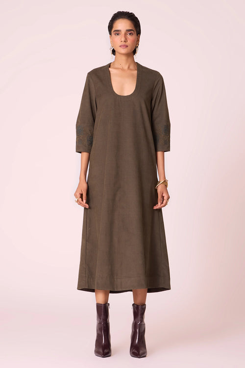 Mir Olive Needlecord Embroidered Dress