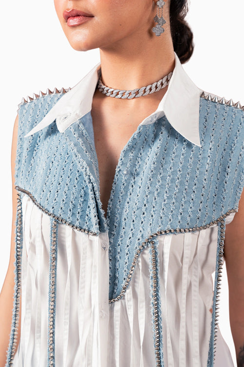 Denim Stud Tassel Shirt  With Light Denim Lazercut Crystal Pants