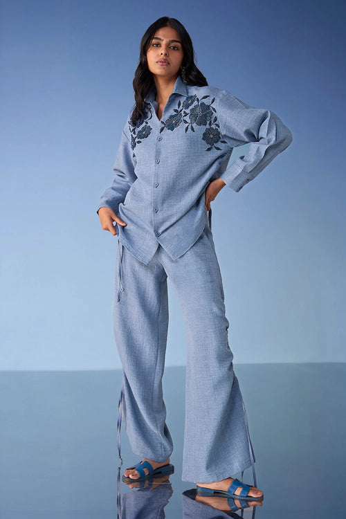 Beaded Linen-Textured Shirt and Wide-Legged Pant Set