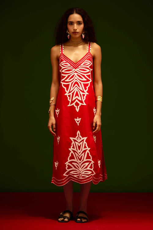 Scarlet Strappy Cotton Dress with Thread Embroidery