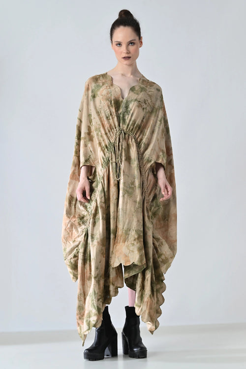 Desert Beige Drape Gathered Printed Kaftan Dress