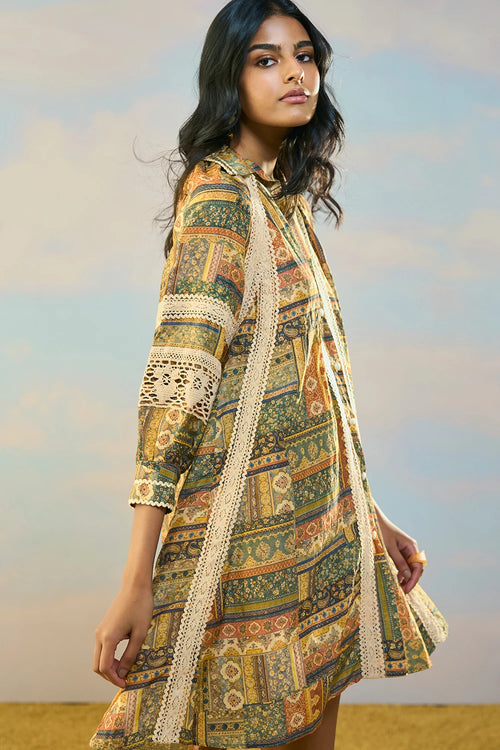 Linen-Lace Printed Dress