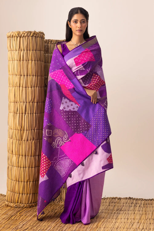 Purple Multi Bandhani Patchwork Saree